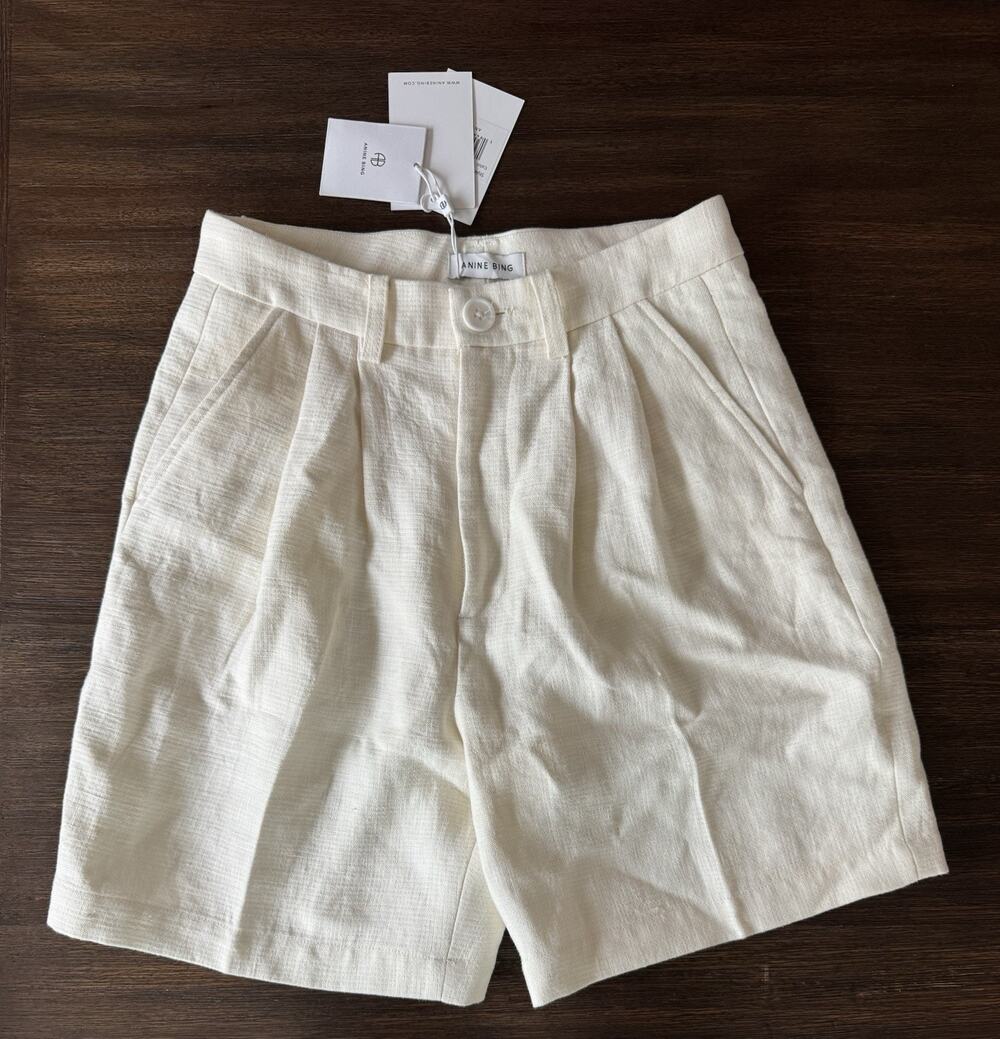 Anine Bing Carrie Pleated Linen Shorts Womens XS Off-White NWT